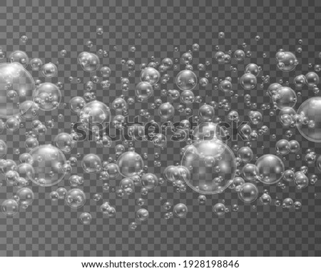 Transparent, realistic soap bubbles. Transparent water bubbles. Shampoo, foam. White transparent glass sphere glass or ball, shiny bubble glossy.