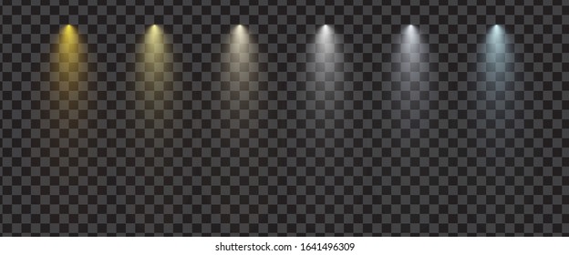 Transparent realistic spotlight set. Stage lighting effect with cold and warm light.