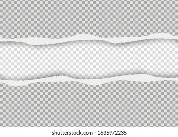 Transparent realistic torn paper. A piece of torn, white realistic horizontal paper strip with a soft shadow is on a square background. Vector illustration, EPS 10.
