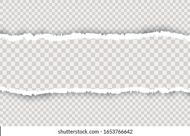 Transparent realistic torn paper. A piece of torn, white realistic horizontal paper strip with a soft shadow is on a square background.