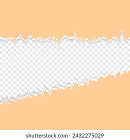 Transparent realistic torn paper. A piece of torn, white realistic horizontal paper strip with a soft shadow is on a square background.
