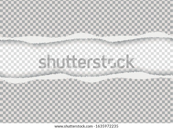 Transparent realistic torn paper.\
A piece of torn, white realistic horizontal paper strip with a soft\
shadow is on a square background. Vector illustration, EPS\
10.\
