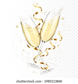 Transparent realistic two glasses of champagne with ribbons and confetti, isolated.