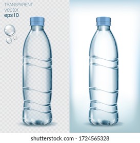Transparent realistic vector blue plastic bottle with water on light background