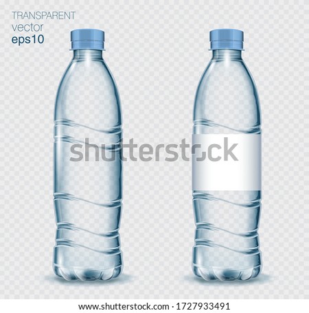 Transparent realistic vector blue plastic bottle with water on light background