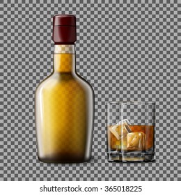 Transparent realistic Vector bottle and glass with smokey Scotch Whiskey and ice isolated. Glass and drink for every background.