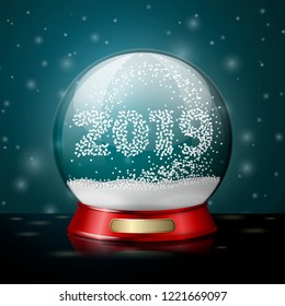 Transparent realistic vector crystal ball with snowflakes in shape of 2019 year.