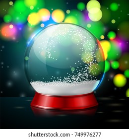 Transparent realistic vector crystal ball with snowflakes on bright new year night  background.