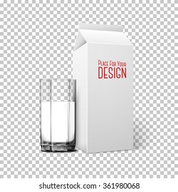 Transparent realistic Vector glass with paper box isolated on plaid background with reflection, for design and branding.