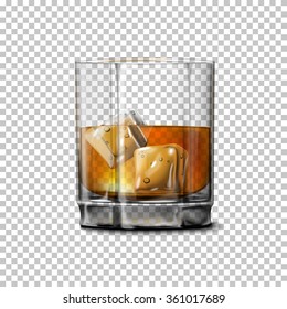 Transparent realistic Vector glass with smokey Scotch Whiskey and ice isolated. Glass and drink for every background.