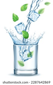 Vidrio vectorial transparente y realista de agua con cubos de hielo, menta y chorro de agua vapor en el fondo claro
