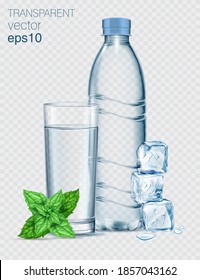 Transparent realistic vector long glass and bottle of water with water splash and mint leaves on light background