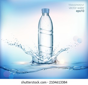 
Transparent realistic vector mineral water plastic bottle for your advertising with water splash and drops. Blue background 
