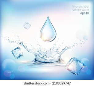 Vector transparente y realista salpicadura de agua mineral, gotas y cubos de hielo sobre fondo azul 