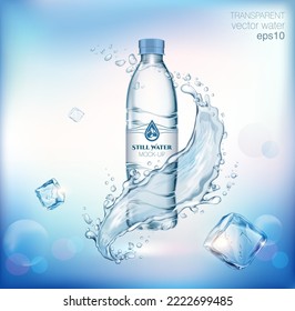 Transparent realistic vector mineral water plastic bottle with water splash, drops and ice cubes on blue background 