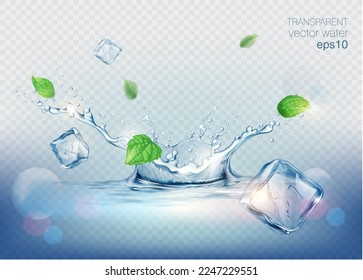 Vector transparente realista salpicadura de agua mineral, gotas, hoja de menta y cubos de hielo sobre fondo azul 