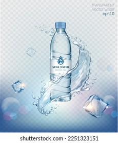 Transparent realistic vector mineral water plastic bottle with water splash, drops and ice cubes on blue background 
