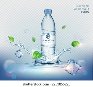 Transparent realistic vector mineral water plastic bottle with water splash, drops and ice cubes on blue background 
