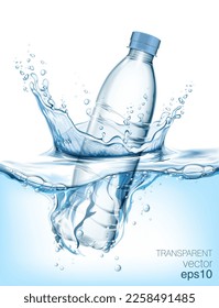 Transversal vector realista botella de plástico de agua mineral en agua con salpicadura de agua y gotas en fondo azul 