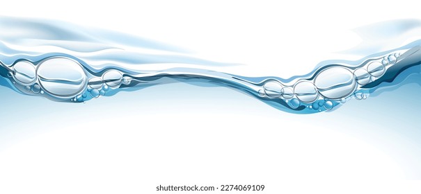 Línea de agua mineral vectorial transparente y realista sobre fondo claro. Superficie de agua con gotas y burbujas. 