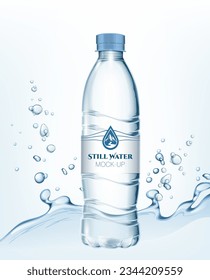 Transparent realistic vector mineral water plastic bottle in water with water splash and drops on light background 
