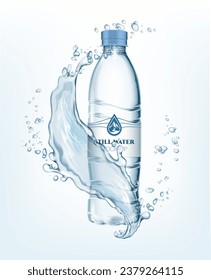 Transparent realistic vector mineral water plastic bottle in water with water splash and drops on light background 