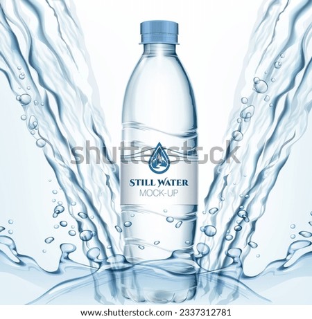Transparent realistic vector mineral water plastic bottle and realistic vector  water jet steam and splash on light background