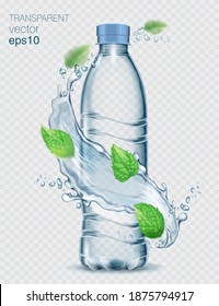 Transparent Realistic Vector Plastic Bottle With Water Splash And Mint Leaves On Light Background