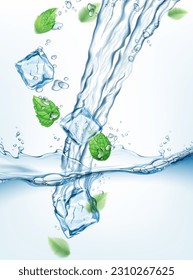 Transparent realistic vector  water jet stream and splash and mint leaves on light background
