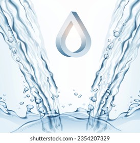 Vector transparente y realista de chorro de agua y salpicar sobre el fondo de la luz. Concepto de forma de agua. 
