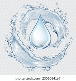Transparent realistic vector  water round splash and drop on light background. Symbol of water.