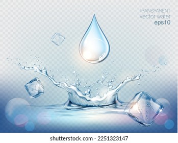 Desplome de agua vectorial transparente y realista, gotas y cubos de hielo sobre fondo azul 