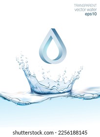 Transparent realistic vector  water splash and drop on blue background. Symbol of water in Impossible shapes and optical illusion. Ice shape. 