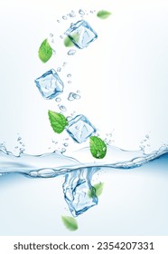 Transparent realistic vector  water splash and mint leaves on light background