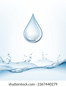 Transparent realistic vector  water splash and drop on light background. Symbol of water.