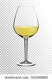 Transparent realistic vector wineglass full of white wine with bright saturated straw colored amber. Illustration in photorealistic style.