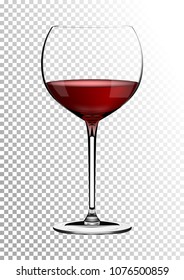 Transparent realistic vector wineglass full of red wine rich dark ruby burgundy color. Illustration in photorealistic style.