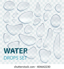 Transparent realistic water drop set on transparent  light gray background, vector illustration. EPS 10