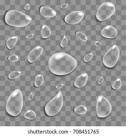 Transparent and realistic water droplets on a gray background. Vector drops of different shapes for your design.