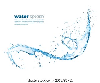 Transparent Realistic Water Splash Or Wave Flow With Drops. Vector Blue Liquid Splashing Swirl, Aqua Dynamic Motion Element With Spray Droplets, Isolated Whirl Of Water