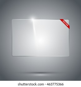 Transparent rectangle glass frame with reflection and refraction on the dark background. Isolated vector illustration.