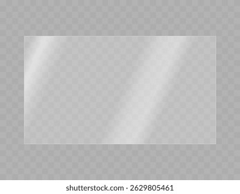 Transparent rectangle glass plate with an aspect ratio of 16:9. Glass with beautiful reflections and glare from sunlight. Vector Stock illustration