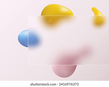 Transparent rectangular frame in glass morphism style. Illustration with abstract colored liquid shapes. Transparent landing page template for website, presentation, phone.