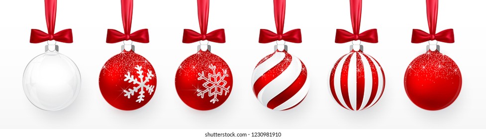 Transparent and Red Christmas ball with snow effect and red bow set. Xmas glass ball on white background. Holiday decoration template. Vector illustration.