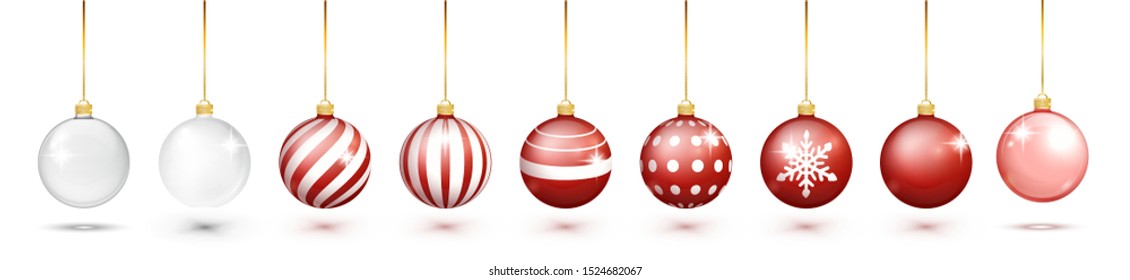 Transparent and Red Christmas ball with snow effect set. Xmas glass ball on white background. Holiday decoration template. Red christmas balls isolated.