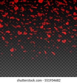 Transparent red falling hearts. Valentines Day design. Vector illustration.
