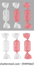 Transparent and red foil food snack pack for candy and other products.
