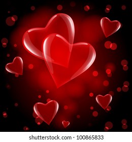 transparent red hearts on abstract red drops background