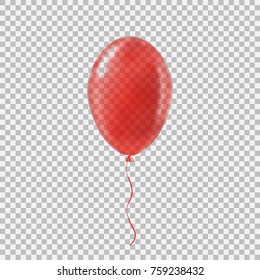Transparent red helium balloon. Isolated vector illustration on plaid transparent background. Birthday baloon flying for party, celebrations, buisness and design.