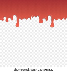 Transparent red jam border. Strawberry or raspberry syrup dripping. Splash texture isolated on transparent background